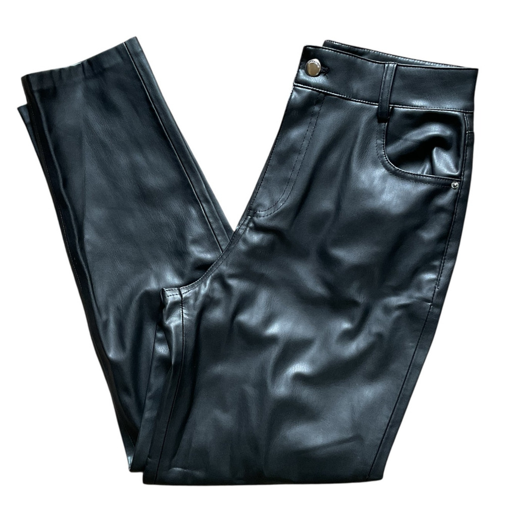 ZARA Pants Black High Rise Straight Leg Faux Leather Size 2 Night out Party - Picture 3 of 9